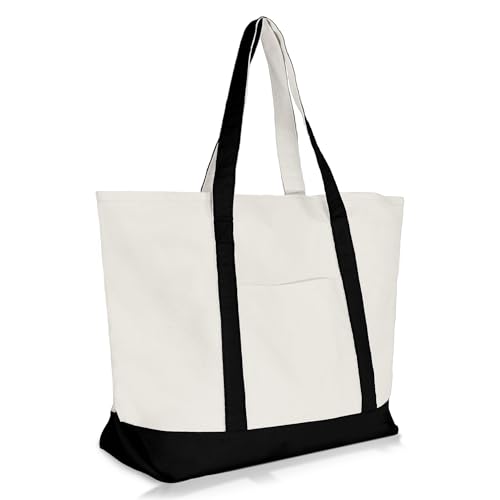 DALIX 22' Large Cotton Canvas Zippered Shopping Tote Grocery Bag in Black