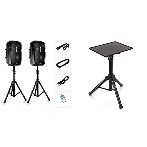 Pyle Powered PA Speaker System with Universal Laptop Projector Tripod Stand - Bluetooth Loudspeakers Kit with 8 Inch Speakers, Wired Microphone, Speaker Stands