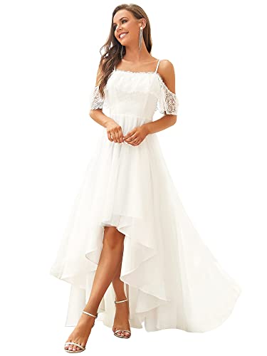 Ever-Pretty Wedding Dress Women's A Line Off Shoulder High Low Spaghetti Straps Lace Wedding Dress for Bride White US4
