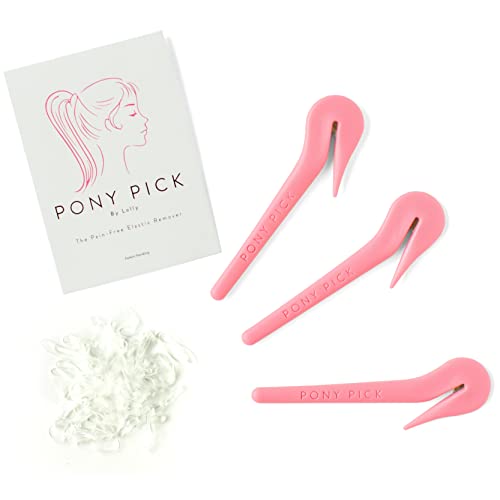 THE PONY PICK Hair Elastic Rubber Bands Cutter Tool – Easy To Use, Pain Free, No Hair Damage – Ponytail Cutter Tool for Kids & Toddlers (3 Packs of Pony Pick & 50 Clear Hair Elastics)