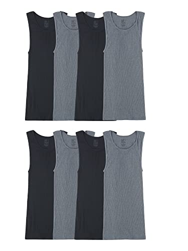 Fruit of the Loom Men's Sleeveless Tank A-Shirt, Tag Free & Moisture Wicking, Ribbed Stretch Fabric, 8 Pack-Black/Grey, Large