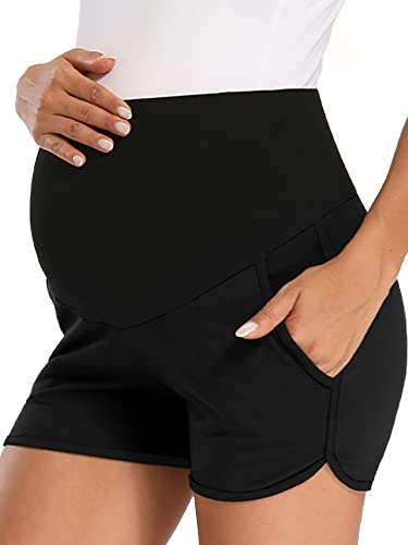 fitglam Women's Maternity Shorts Over Belly Pregnancy Clothes Pajamas Lounge Workout Sleep Shorts with Pockets Black