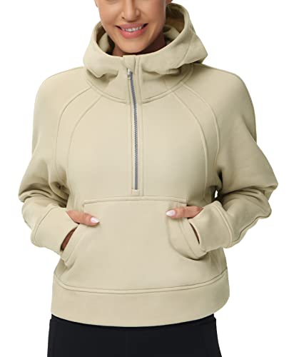 THE GYM PEOPLE Women’s Hoodies Half Zip Long Sleeve Fleece Crop Pullover Sweatshirts with Pockets Thumb Hole Khaki