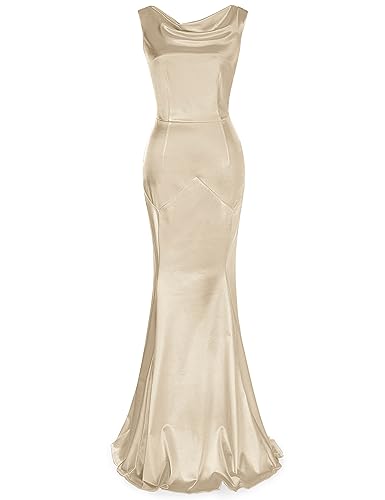 MUXXN Women's Sleeveless 1950s Retro Crew Neck Satin Long Maxi Formal Gowns and Evening Dresses Champagne XL