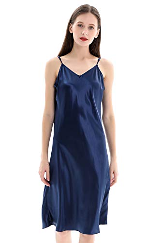 ZIMASILK 22 Momme Mulberry Silk Nightgown Short Chemise Nightdress Strap Negligee(Large, Navy Blue)