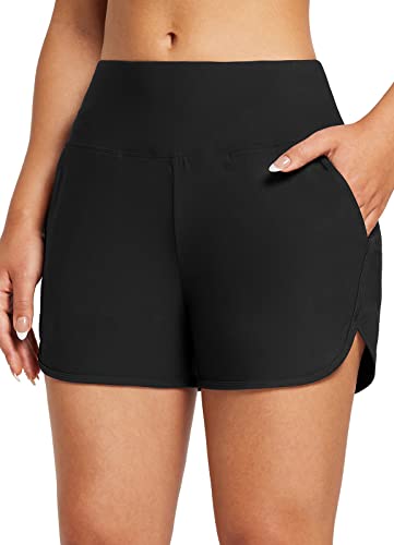 BALEAF Women's 3' Swim Bottoms High Waisted Swimming Board Shorts Tummy Control Quick Dry Swimsuit with Pockets UPF 50+ Black L