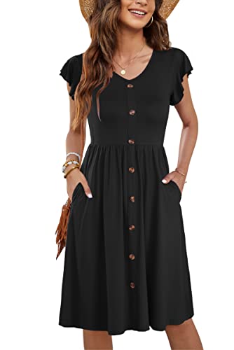 WNEEDU Women Summer Dresses Ruffle Sleeve Casual Loose Swing Button Down Midi Dress Black L
