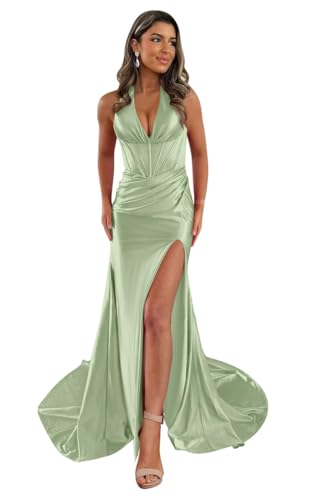 Long Satin Prom Dresses 2024 V Neck Split Mermaid Evening Dresses Corset Plus Size Wedding Guest Dresses Sage Green