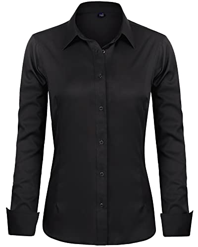 J.VER Womens Dress Shirts Long Sleeve Button Down Shirts Wrinkle-Free Stretch Regular Fit Solid Work Blouse Black Small