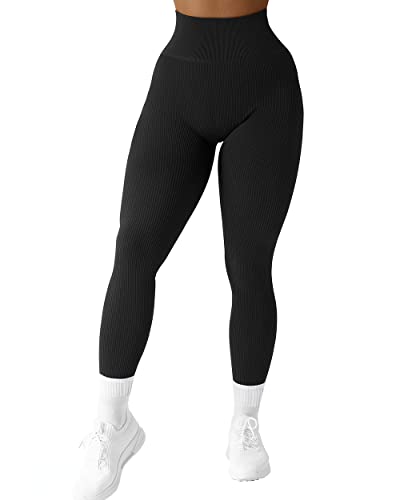 SUUKSESS Women Ribbed Seamless Leggings High Waisted Tummy Control Workout Yoga Pants (Black, XL)