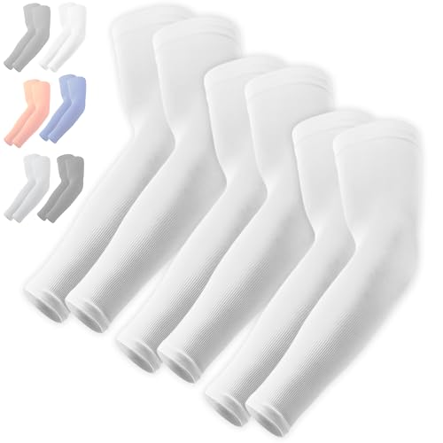 OutdoorEssentials UV Sun Protection Arm Sleeves - Cooling Compression Arm Sleeve - Sports & UV Arm Sleeves for Men & Women, 3 Pairs: White