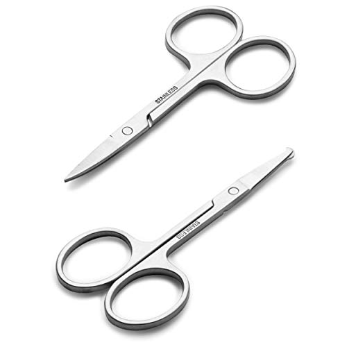 Facial Hair Small Grooming Scissors For Men Women - Eyebrow, Nose Hair, Mustache, Beard, Eyelashes, Ear Trimming Kit - Curved and Rounded Safety Tip Clippers For Hair Cutting - 2PCS Silver
