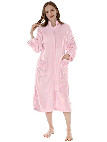 PAVILIA Womens Housecoat Zip Robe, Fleece Zip Up Front Robe Bathrobe, Plush Warm Zipper House Coat Lounger for Women Ladies Elderly with Satin Trim, Pockets, Long - Light Pink (Small/Medium)