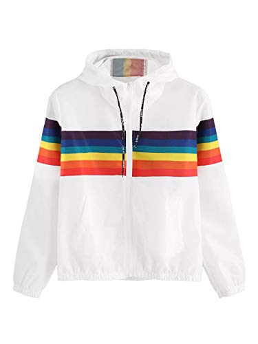 SweatyRocks Women's Casual Jackets Rainbow Stripe Lightweight Hooded Outdoor Hiking White L