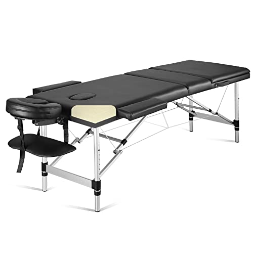Careboda Portable Massage Table Professional Massage Bed 3 Fold 82 Inches Height Adjustable for Spa Salon Lash Tattoo with Aluminum Legs Carrying Bag Accessories Black