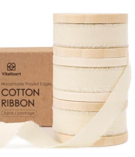 Vitalizart 3 Rolls Handmade Fringe Natural Cotton Ribbon 5/8' x 21Yd Cream White Eco-Friendly Ribbons for Wedding Invites Bridal Bouquets Gift Wrapping Holiday Decor