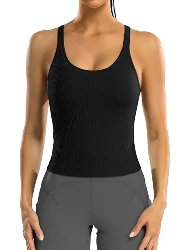 ATTRACO Women's Athletic Tank Tops Longline Sports Bra Workout Cropped Top Black M