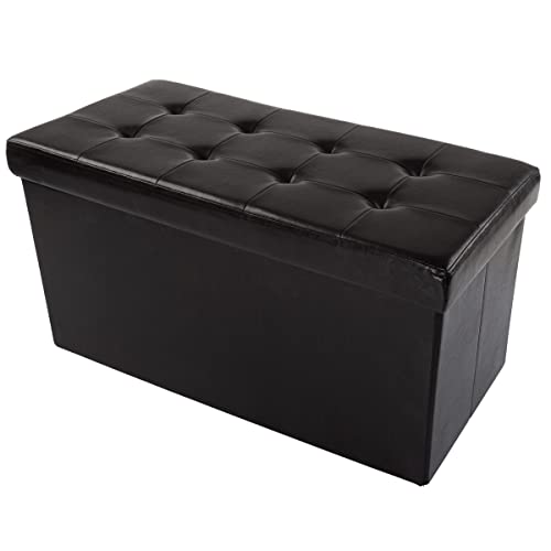 Storage Ottoman - 30-Inch Folding Faux Leather Footrest, Linen Chest, or Bench with Removable Bin for Living Room or Bedroom by Home-Complete (Black)