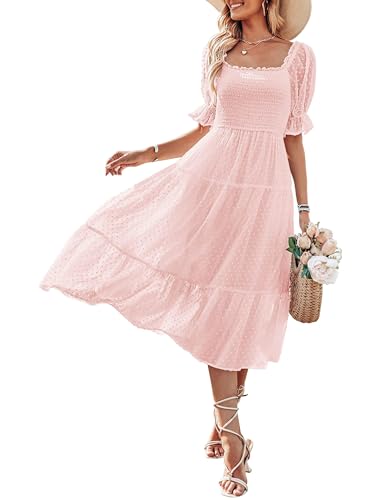 MEROKEETY Women's 2024 Pink Dress Summer Square Neck Flounce Sleeve A Line Pom Pom Midi Dress, Pink, M