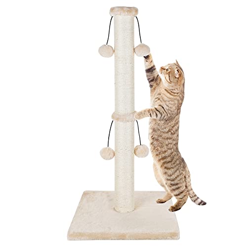 Dimaka 29'' Cat Scratching Post, Natural Sisal Rope Scratch Post with 4 Teasing Toy Balls for Large Cats (Beige)