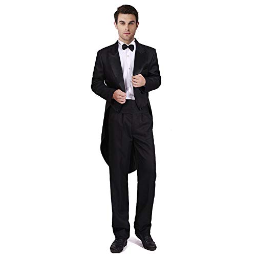 Men's Formalities Tuxedo Costume Vintage Hollywood Formal Tailcoat Slim Fit Peak Lapel Suit Tux Pants Tail Coat 4pcs/Set (Black, L)