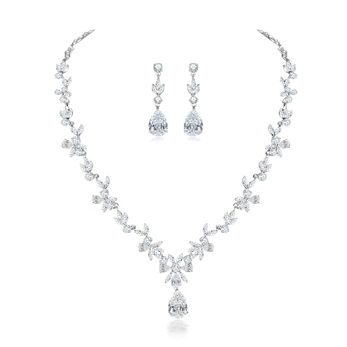Hadskiss Jewelry Set for Women, White Gold Plated Wedding Party Jewelry for Bridal Bridesmaid, Necklace Dangle Earrings Set with White AAA Cubic Zirconia