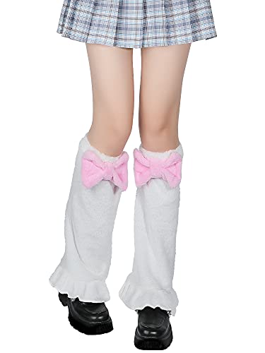 SATINIOR womens Kawaii Leg Warmer Fuzzy Fluffy Bow Cartoon Cosplay Over the Knee Socks, White and Pink, Medium