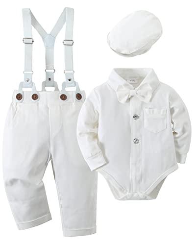 YALLET Baby Boy Clothes Suit Infant Gentleman Outfits Toddler Dress Shirt+Bowtie+Beret Hat+Detachable Suspender Pants 0-18M