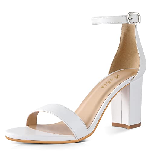 Ankis White Heels for Women - Open Toe Ankle Strap Chunky Heel Pump Sandals Party Wedding Strappy Buckle Sandals Standard Size 2.75 Inches Tall Thick Heel Design