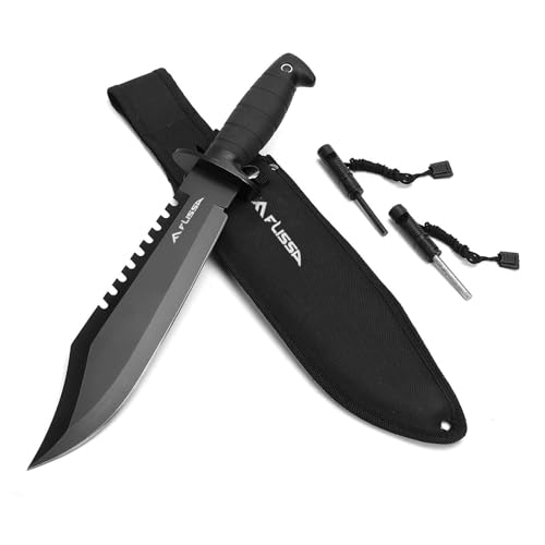 FLISSA Survival Hunting Knife with Sheath, 15-inch Fixed Blade Tactical Bowie Knife with Sharpener & Fire Starter for Camping, Outdoor, Bushcraft