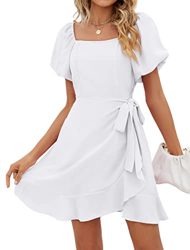 SAMPEEL Womens Casual Summer Dresses Puff Sleeve Cute Teen Girl Clothes Graduation White M