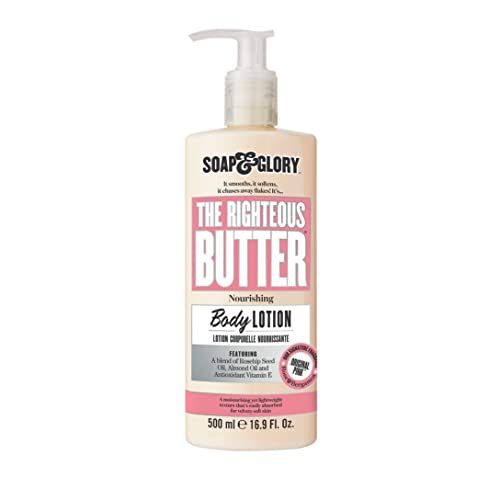 Soap & Glory Original Pink The Righteous Butter Moisturizing Body Lotion Pump - Shea Butter, Vitamin E & Aloe Vera Body Moisturizer - Rose & Bergamot Scented Lotion (500ml)