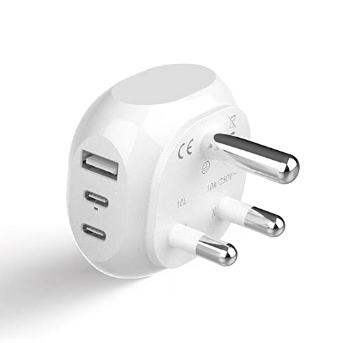 Ceptics South Africa Travel Adapter - 5 Input with QC 3.1A Dual USB and USB-C - Ultra Compact - Light Weight - USA to Any Type M Countries Such as Namibia, Botswana and More (PTU-10L), White