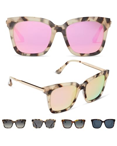 DIFF Bella Designer Square Oversized Sunglasses for Women UV400 Protection w/giftable travel case, Cream Tortoise + Pink Mirror