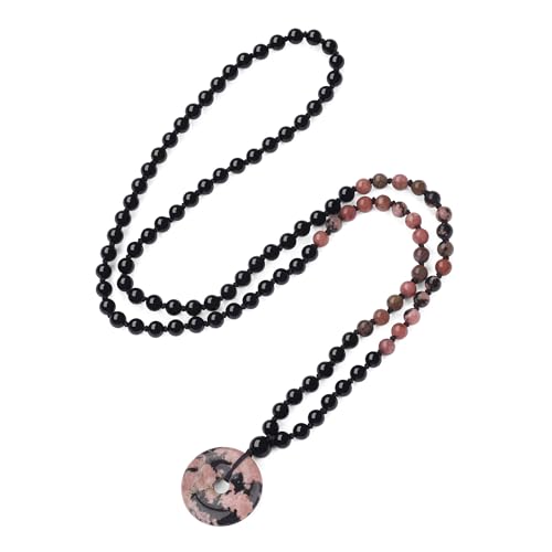 COAI Matte Onyx Rhodonite Donut Pendant 108 Mala Prayer Necklace, Stone Beaded Necklace