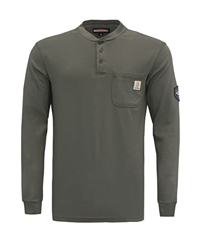 BOCOMAL FR Shirts Flame Resistant Shirts FR T Shirt NFPA2112/CAT2 7oz Grey Men's Long Sleeve Fire Retardant Henley Shirts