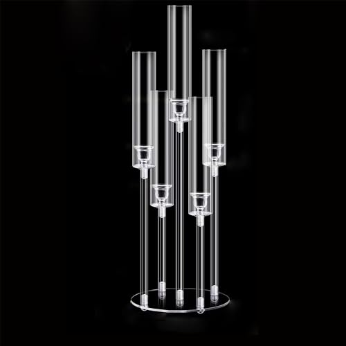 5 Arm Clear Candelabra for Wedding, Acrylic Candelabra Candle Holder for Table Centerpiece,Crystal 5 Arm Candlesticks Holder with Acrylic Shade for Valentine's Day Party (Fit 0.8' Led Candles)
