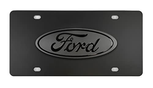 Ford Oval Decorative Vanity Front License Plate Stainless Steel (Black on Black Brass Emblem)