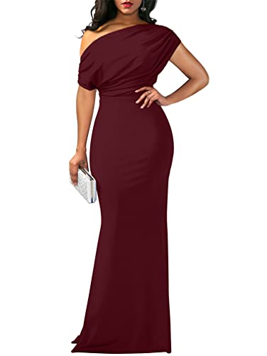 YMDUCH Women's Elegant Sleeveless Off Shoulder Bodycon Long Formal Party Evening Dress WineRed