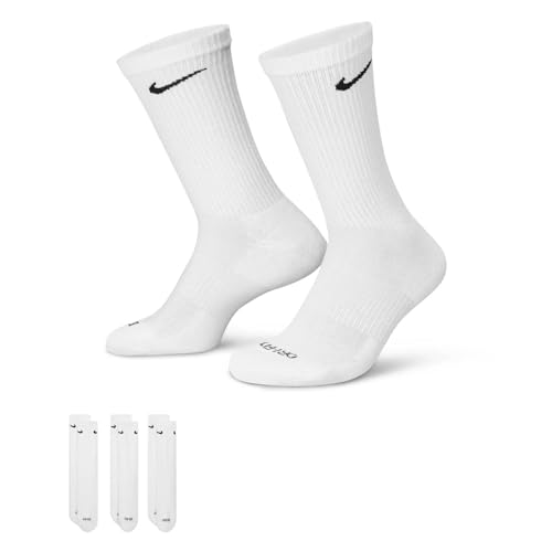 NIKE Dri-Fit Classic Cushioned Crew Socks 6 PAIR White with Black Swoosh Logo) LARGE 8-12