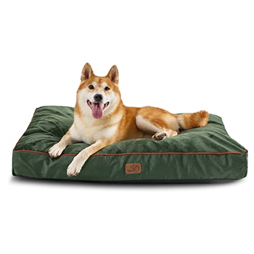 Bedsure Waterproof Dog Beds for Large Dogs - 4 inch Thick Up to 75lbs Large Dog Bed with Washable Cover, Pet Bed Mat Pillows, Dark Green
