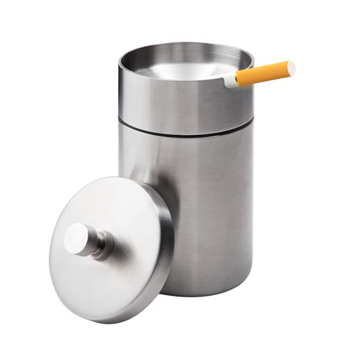Stainless Steel Auto Ashtrays with Lid Car Ashtray Smell Proof Portable Smokeless Detachable Windproof Extinguished Butt Bucket Ash Tray for Car Cup Holder (Silver)