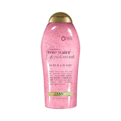 OGX Sensitive + Pink Sea Salt & Rosewater Sulfate-Free Soothing Body Scrub with Healing Rose Quartz, Gentle Exfoliating Daily Body Wash to Soften & Smooth Skin, 19.5 Fl Oz