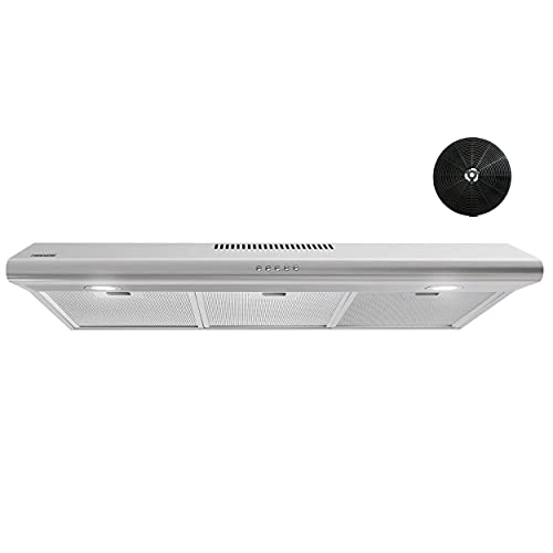 FIREGAS Under Cabinet Range Hood 36 inch with Ducted/Ductless Convertible, Slim Kitchen Stove Vent Hood, LED Light, 3 Speed Exhaust Fan, Reusable Aluminum Filter, Push Button,Charcoal Filter