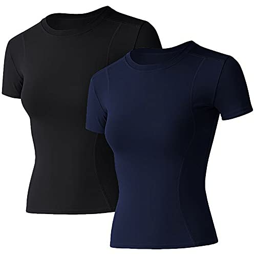 Loovoo Compression Shirts for Women Short-Sleeve Workout 2 Pack Crewneck Seamless Athletic Yoga Tee Gym Tops
