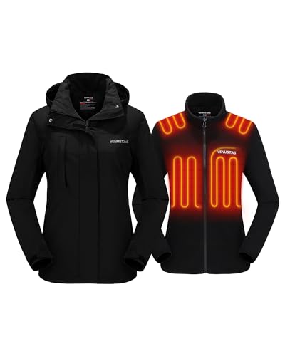 Venustas Heated Jacket for Women, 3 in 1 Winter Jacket with Battery Pack 7.4V, Water Resistant Ski Coat With Hood For Outdoor