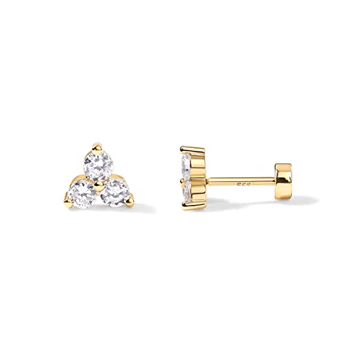 PAVOI 14K Yellow Gold Plated Solid 925 Sterling Silver Post Cubic Zirconia Flat Back Earrings for Women | Trinity CZ Cartilage Earring | Helix Piercing Jewelry | Small Stud Earrings