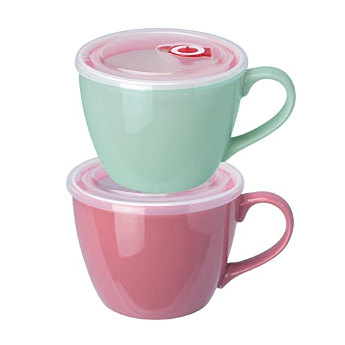 BOWLLER 30oz Porcelain Bowl with Lid and Handle for Soup, Salad, Cereal and Instant Noodles, Soup Mug with Heat Preservation Handle, Turquoise Color and Pink