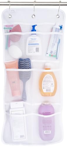 S&T INC. Shower Organizer, Shower Caddy or Bathroom Organizer with Quick Drying Mesh, 7 Pockets to Hold Shampoo, Soap, Loofah, and Cruise Ship Essentials, 14 Inch by 30 Inch, White, 1 Pack