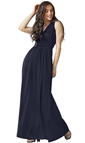 KOH KOH Plus Size Womens Long Bridesmaid Wedding Guest Cocktail Party Sexy Sleeveless Summer V-Neck Evening Slit Day Full Floor Length Gown Gowns Maxi Dress Dresses, Dark Navy Blue XL 14-16